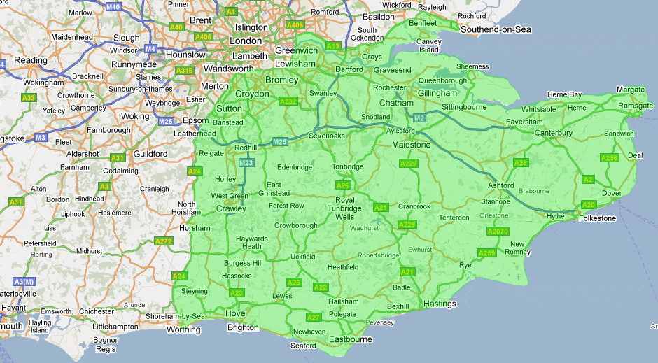 Map of East Sussex and Kent service area
